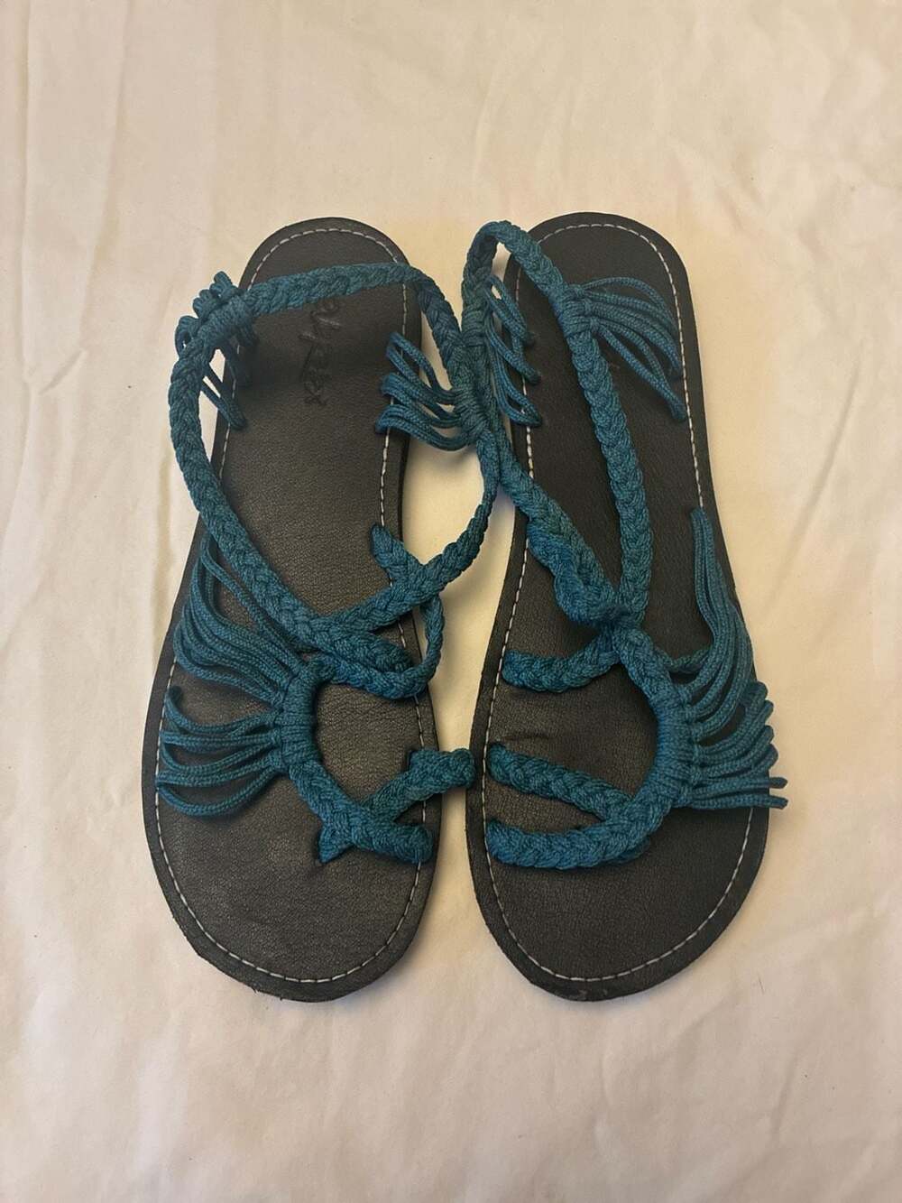 EveRelax Women's Blue Braid Rope Flat Sandals Boho Palm Leaf Straps